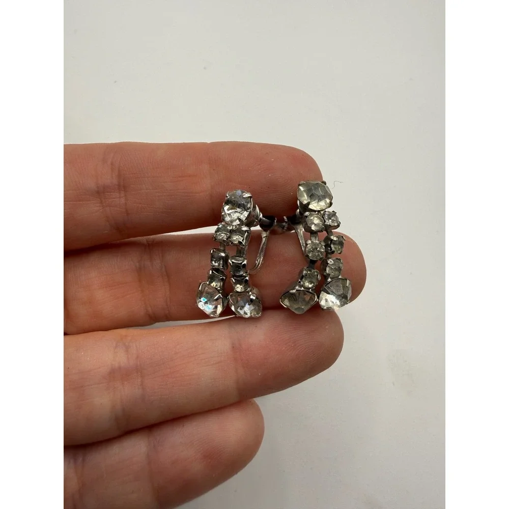 Vintage Clear Rhinestone Screw Back Earrings‎ Silver Tone Cascading Drop Bridal